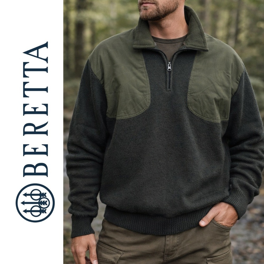 Beretta, Men 100% Lana Wool Quarter Zip Shooting Sweater Green PU34701975L Large